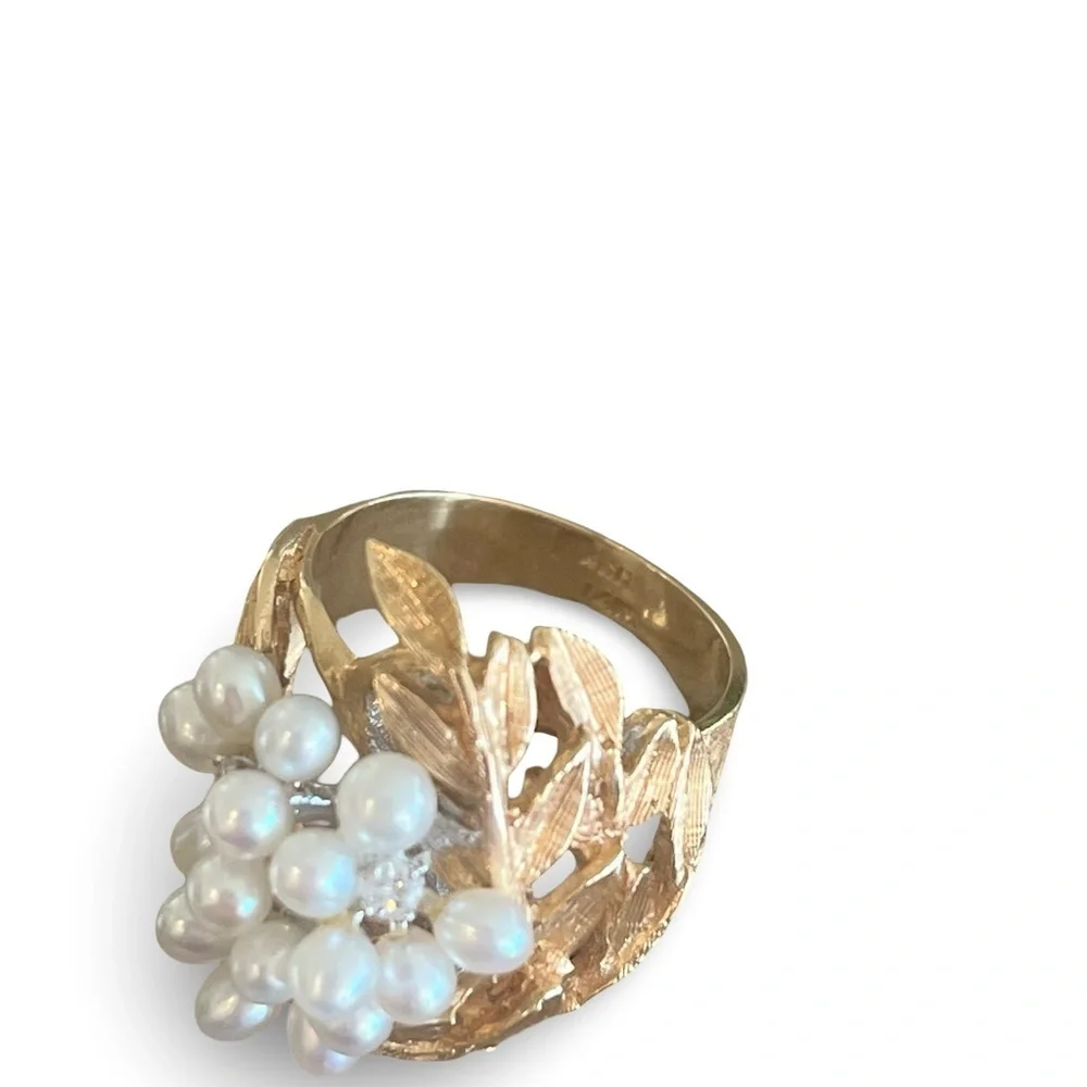 Mid-Century 14 K Solid Gold Seed Pearl Diamond Laurel Wreath Ring Size 6.5